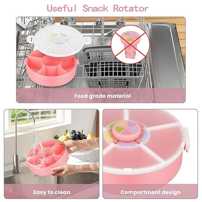 Snack Rotator Container Reusable Snack Box with 5 Compartment Dispenser and Lid, Color Matching Opening Lid, BPA and PVC Free, for Home, School, Travel (1 Pack- Pink)