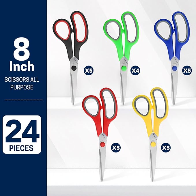 24-Pack 8" All Purpose Heavy Duty Sharp Scissors Bulk for Office School Home Stainless Steel Blades Safety Soft Grip Handles,Right/Left Handed Scissors