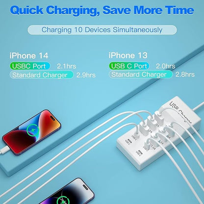USB C Fast Charger, 10-Port Portable Charging Station, Suitable for Various Devices, Compatible with iPhone, iPad, Samsung, Google, Xiaomi, Huawei and Other USB Charging Devices