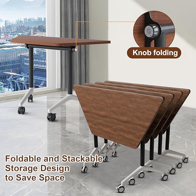 Folding Conference Table, Conference Room Tables with Wheels Foldable Large Rectangle Meeting Seminar Table for 6-12 People, Flip Top Mobile Training Table for Office Classr（4PCS,47in）