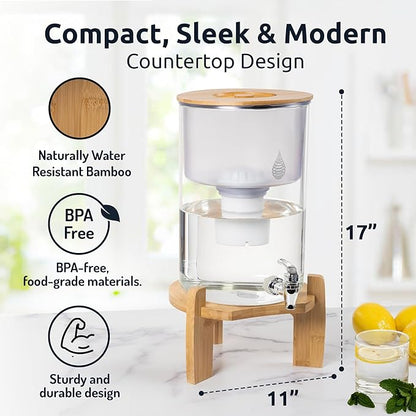 pH Recharge Glass Alkaline Water Filter Dispenser - Countertop Water Filter System - Purifier Pitcher for Home and Office - High pH Pure Drinking Water Filtration - 8.5L/2.25 Gal