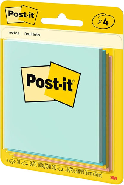 Post-it Notes, 3x3 in, 4 Pads, America's #1 Favorite Sticky Notes, Beachside Café Collection, Pastel Colors (Pink, Mint, Yellow), Recyclable (5401)