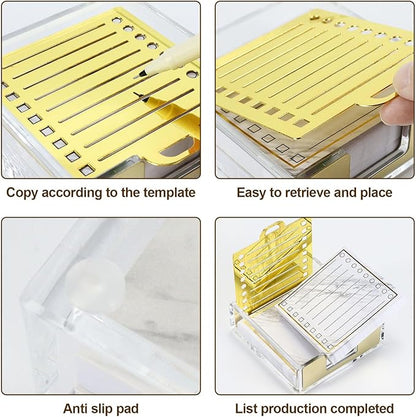 MultiBey Sticky Notes Memo Pad Holder with Stencil, 2 Pads Sticky Notepad 3X3, Gold Clear Post it Note Holder Desk Supplies Organizer Accessories for Office Home Schools(Transparent Gold)