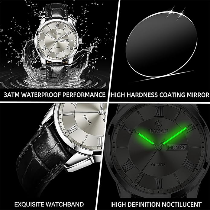 Mens Watches Luxury Dress Waterproof Leather Watch with Date Day Analog Quartz Large Number Wrist Watch Casual Classic Luminous Scales Big Face Easy Read Reloj para Hombre