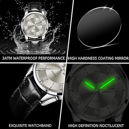 Men's Watch Big Face Easy Read Arabic Numeral Dress Watches for Men Classic Black Brown Leather Band Analog Mens Wrist Watch with Day and Date Fashion Business Waterproof Luminous Quartz Watch