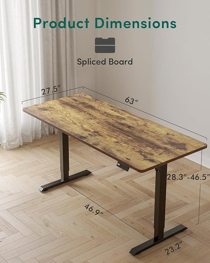 FEZIBO Standing Desk, 63×28 Inches Electric Height Adjustable, Sit Stand Up, Computer Office Desk with Splice Board, Black Frame/Rustic Brown TOP