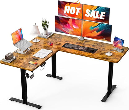 63″ L Shaped Standing Desk, Electric Adjustable Height with A/C Charging Port, Large Corner Desk & Storage, Sit Stand Computer Table, Raised L-Shaped Workstation with Splice Board for Home Office