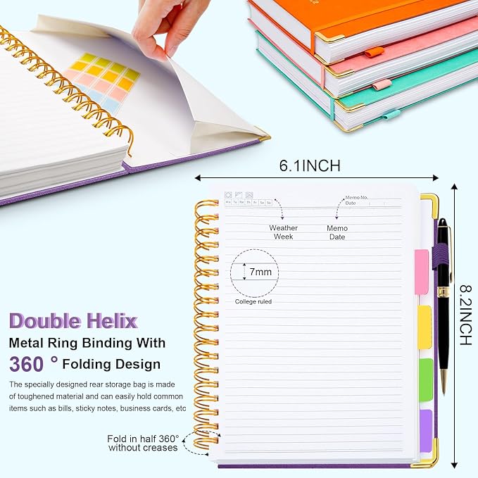 Hardcover Spiral Notebook 6.2"x 8.2" Journal Notebook with Tabs and Removable Dividers 300 Pages 5 Subject Notebook College Ruled, Faux Leather Spiral Bound Notebook for Women School Work (Purple)