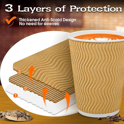 Ginkgo 150 Pack Hot Paper Cups 12 oz Insulated Disposable Corrugated Coffee Cups Ripple Wall Beverage Cups