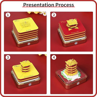 3D Time Piece Calendar 2026 DIY Calendars Tear Away Carving Art 3D Memo Pad Calendar With LED Lights sculpture artsy pads calendar notepad for Desktop Decor-Yellow Crane Tower
