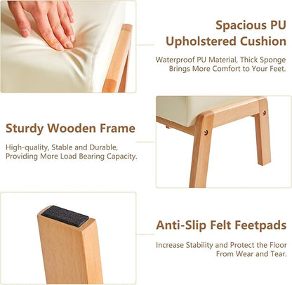 IBUYKE 10.2” H Small Foot Stool Ottoman, Rectangle PU Faux Leather Foot Rest with Padded Seat and Wood Legs, Modern Accent Ottoman Foot Rest for Living Room Bedroom Couch Office, White WBD013W