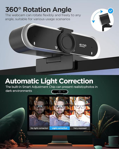 Webcam 4K with Microphone and Webcam Cover Plug and Play with Auto Light Correction for Laptop PC Desktop for Live Streaming Video Call Conference