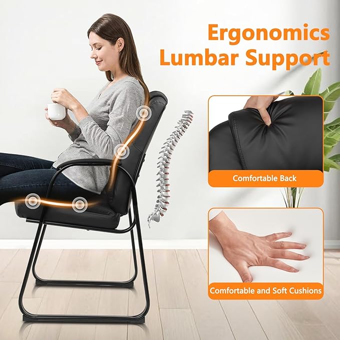 CLATINA Ergonomic Black Guest Chair with Arms Set of 4- Office Reception & Conference Seating, PU Leather Meeting Chairs with Sled Base for Waiting Rooms & Home Offices