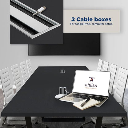 Sturdy Conference Table with Cable Management Grommets Modern Rectangle Office Meeting Table with Wood Tabletop and Metal Frame & Legs- Easy Assembly Boardroom Table (Black, 8 Foot)