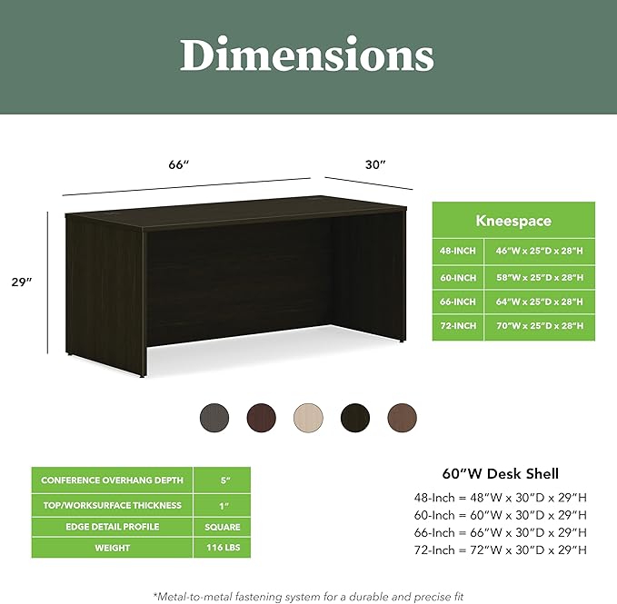 HON MOD Executive Desk 66-Inch Large Computer Desk Shell, Thick Wooden Laminate, Modern Table with Cord Management, 66" W x 30" D x 29" H, Java Oak