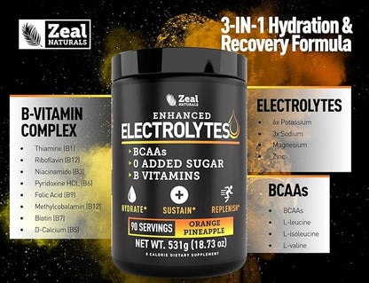 Zeal Electrolyte Powder - 90 Servings | Keto Electrolytes Powder | Zero Sugar, BCAAs, B-Vitamins | Potassium, Zinc, Magnesium | Hydration Powder Recovery Drink | Orange Pineapple