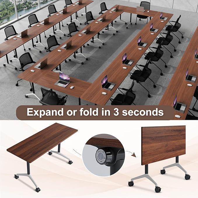 Folding Conference Table,Conference Table with Wheels,Large Flip-Top Training Table,Freely Combinations,Easy to Move for Offices, Schools,Training Rooms（2,Walnut,47in