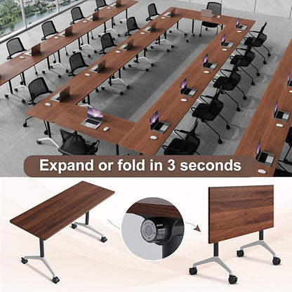 Folding Conference Table,Conference Table with Wheels,Large Flip-Top Training Table,Freely Combinations,Easy to Move for Offices, Schools,Training Rooms（2,Walnut,47in
