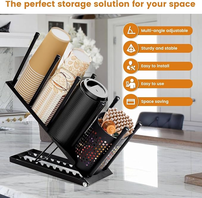 Cup and Lid Holder, Adjustable Coffee Cup Holder Organizer, 4 Compartment Disposable Cup Dispenser with Mesh Basket for Coffee Pod Straw Storage, Countertop, Office Breakroom (Black)