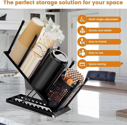 Cup and Lid Holder, Adjustable Coffee Cup Holder Organizer, 4 Compartment Disposable Cup Dispenser with Mesh Basket for Coffee Pod Straw Storage, Countertop, Office Breakroom (Black)