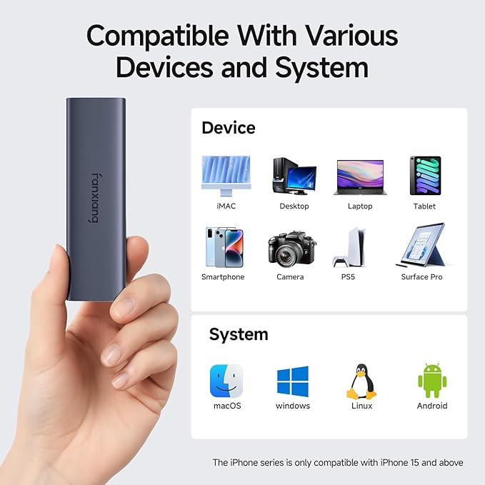 fanxiang 500GB External SSD - Portable SSD External Solid State Drive, 1000MB/s, USB 3.2 Gen2 Type-C, Aluminum Alloy, External Hard Drive for iPhone15/16/17,Android, Mac, Windows (PS1008-NEW)