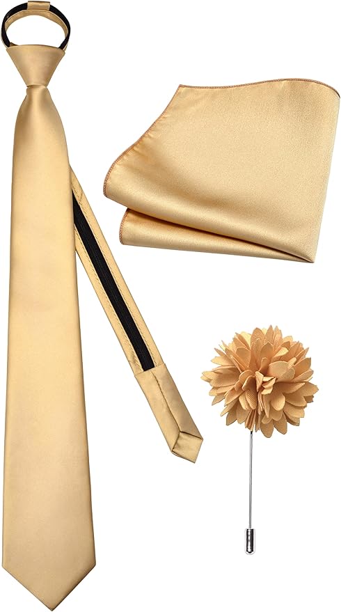 Branduce 3.15"（8cm） Pre-tied Adjustable Zipper Tie and Lapel Pin Solid Necktie Handkerchief Set for Men