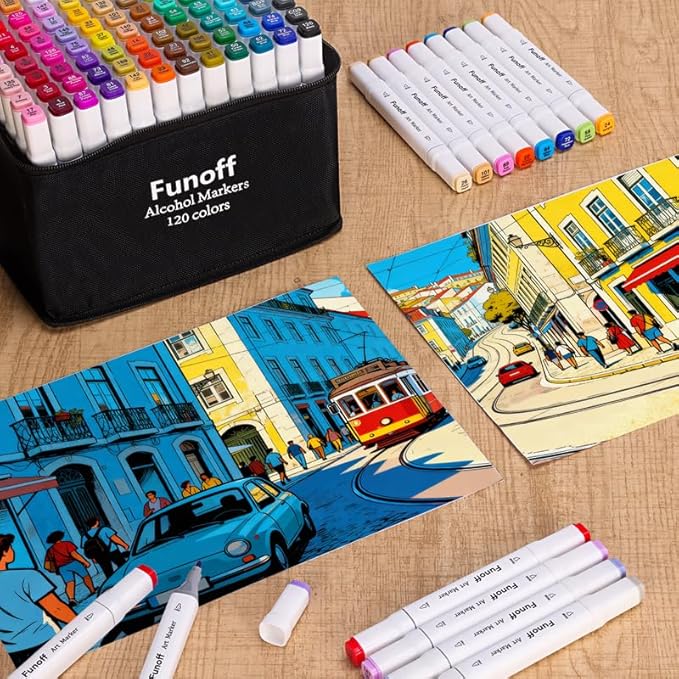 Funoff Alcohol Markers, 120 Colors Fine & Chisel Dual Tip Art Markers, Permanent Sketch Marker for Adult Coloring, Drawing, Sketching, Illustration