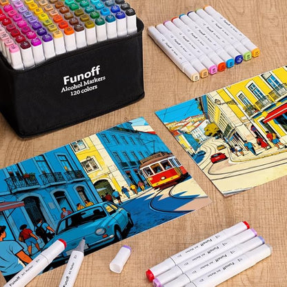 Funoff Alcohol Markers, 120 Colors Fine & Chisel Dual Tip Art Markers, Permanent Sketch Marker for Adult Coloring, Drawing, Sketching, Illustration