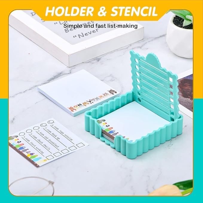 Sticky Notes Holder Cute with Stencil, Wavy Self-Stick Notepad Holder, Note Dispenser for Desk(Blue)
