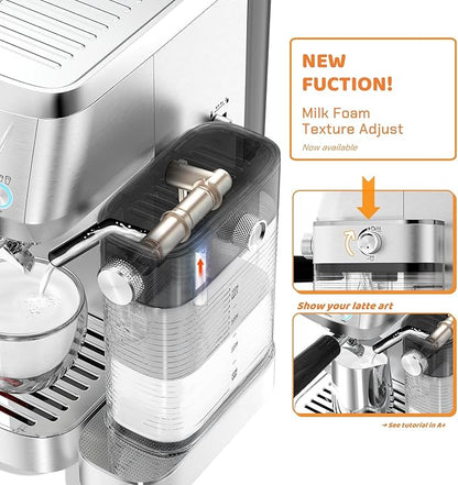 MAttinata Cappuccino Machine 20 Bar, Professional Espresso Machines for Home and Office with Automatic Milk Frothering System, Barista Compact Latte Maker for Coffee Lovers, Stainless Steel-Mattino