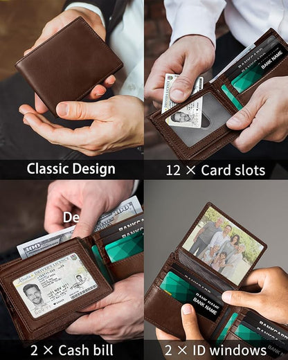 Genuine Leather Wallet for Men Bifold RFID Blocking Wallets with 12 Card Slots, 2ID Window & 2 Cash Pocket - Includes Gift Box (Brown)