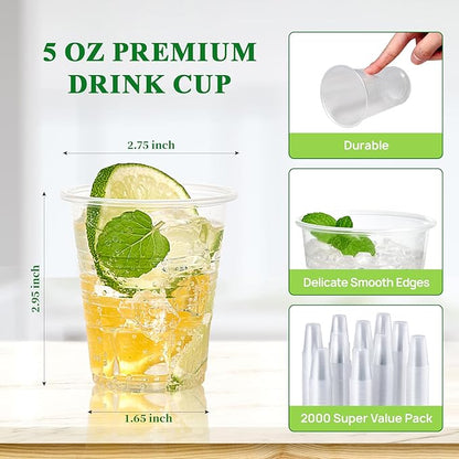 Vplus 2000 Pack 5 OZ Clear Small Dessert Plastic Cups, 5 Ounce Disposable Cold Party Drinking Shot Measuring Mouthwash Cups for Office Bathroom Party