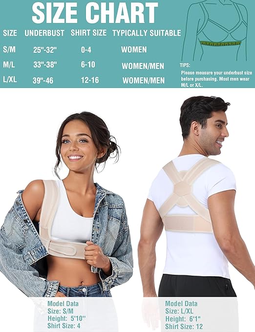 Posture Corrector for Women Men,BI-Straps Back Straightener - Bamboo Fiber Back Brace Posture Corrector - Instant Upper Back Pain Relief (Beige, S/M)