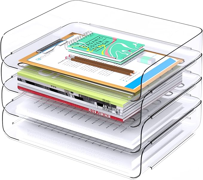 Tomorotec Desk Letter Tray Set, A4 Size Clear PET Stackable Document Organizer Office Desktop File Paper Holder Book Storage Rack Side Load Anti-Skid Stacking Support Convex Bottom (4X Landscape)