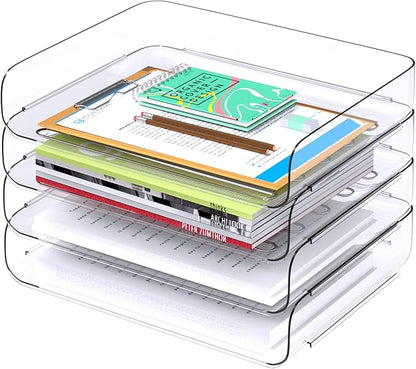 Tomorotec Desk Letter Tray Set, A4 Size Clear PET Stackable Document Organizer Office Desktop File Paper Holder Book Storage Rack Side Load Anti-Skid Stacking Support Convex Bottom (4X Landscape)