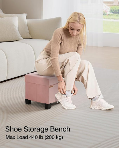 Cube Storage Ottoman, Velvet Foot Stool with Feet, Folding Storage Bench, End of Bed Bench, Storage Chest, for Living Room, Bedroom, 12.6 x 15.8 x 13.2 Inches, Jelly Pink, ASND21P