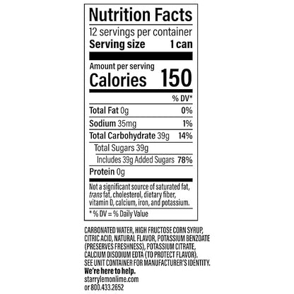 Starry Lemon Lime Soda Pop, 12 Fl Oz Cans (Pack of 12)