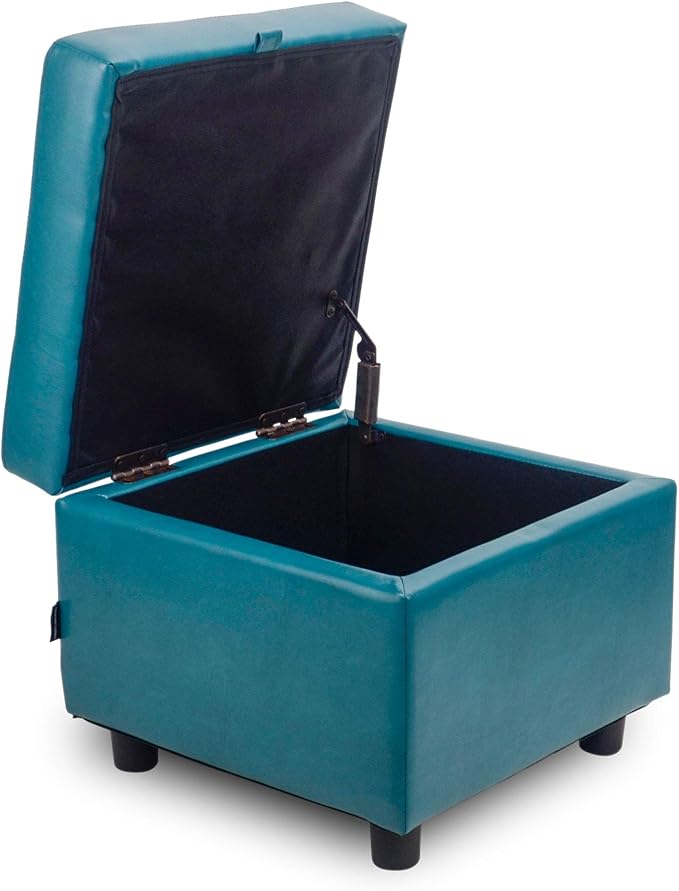 H&B Luxuries Tufted Leather Square Flip Top Storage Ottoman Cube Foot Rest (Blue with Storage)