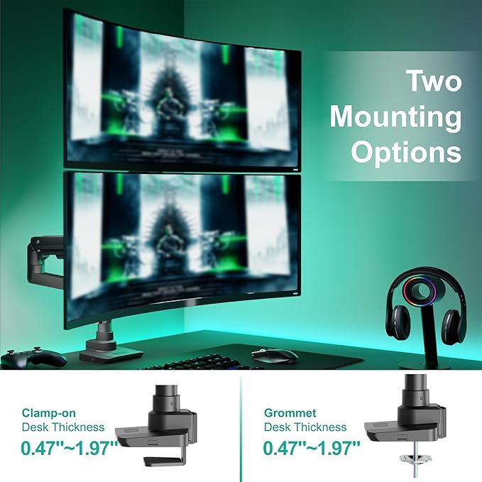 WALI Vertical Dual Monitor Stand for 17''-49'' Curved Screens, Ultrawide Dual Monitor Arms up to 44lbs, Stacked Monitor Mount for 2 Monitors, Heavy Duty Adjustable Gas Spring Arm (GSDM002N-P), Black
