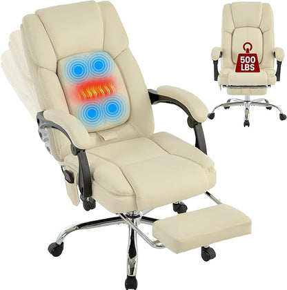 4 Points Massage Office Chair with Footrest 500lbs,Reclining Executive Desk Chair with Vibration Heat for Heavy People,Lumbar Support PU Leather,Adjustable Height Ergonomic (Beige)
