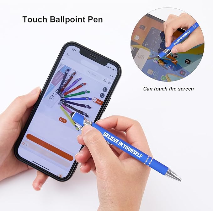 12 Pcs Blue Ink Fine Point Motivational Pens with Stylus Tips, Ballpoint Pens, Office Desk Accessories