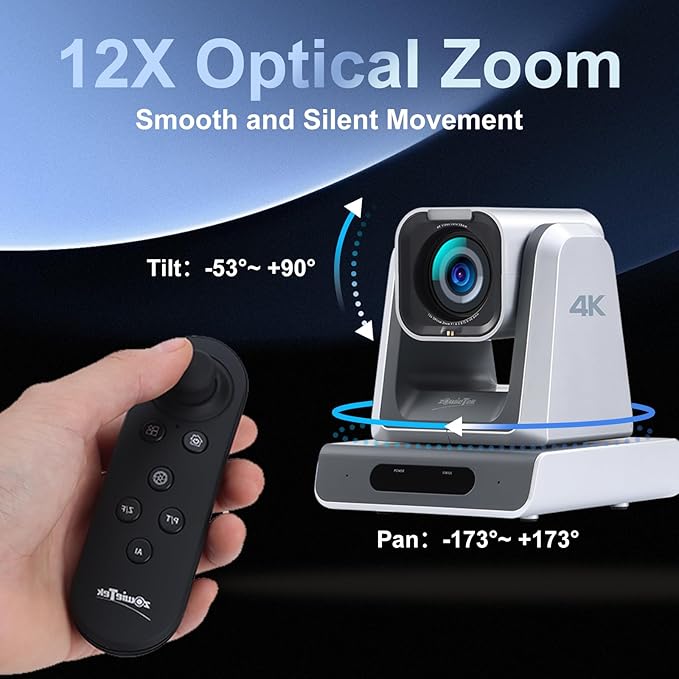 zowietek 4K PTZ Camera, USB/HDMI/LAN Outputs, Wide Angle, 12X Optical Zoom, Ergo-Ease Remote Control, TOF Auto Focus for Video Conference, Meeting, Church, Streaming, Event, Teaching