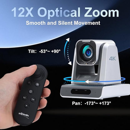 zowietek 4K PTZ Camera, USB/HDMI/LAN Outputs, Wide Angle, 12X Optical Zoom, Ergo-Ease Remote Control, TOF Auto Focus for Video Conference, Meeting, Church, Streaming, Event, Teaching