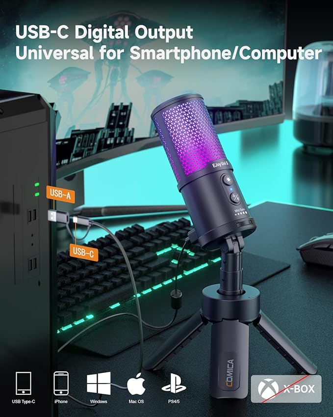 COMICA Ejoy UNI S USB Gaming Microphone for PC, RGB Cardioid Condenser Mic with Tripod Stand, 48kHz/24bit, Noise Cancellation, Streaming Mic for Recording, Podcast, Twitch, Discord, Computer, PS5, PS4