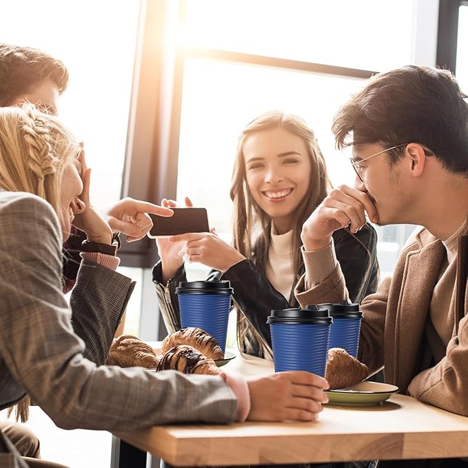 LITOPAK 80 Pack Insulated Ripple Wall 16 oz Disposable Paper Cups, Three Layer Insulated Hot Paper Coffee Cups with Lid and Straws for Parties, Picnics, and Travel