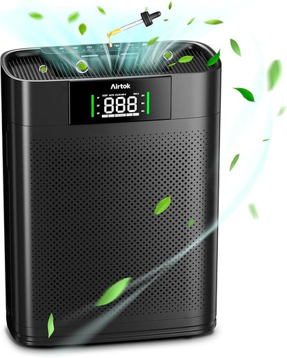 AIRTOK Air Purifiers for Home Large Room Up to 1300 Ft², with Air Quality Monitor PM2.5、HEPA Sleep Mode、Aromatherapy for Allergies, Pet Hair, Pollen in Bedroom, AP2301, Black