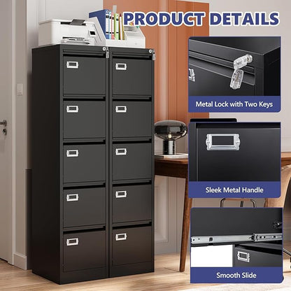 5 Drawer File Cabinet with Lock, Metal Filing Cabinets, 5-Vertical Filing Cabinet,Steel Lockable Storage Cabinets for Home Office to Organization Hanging Letter/Legal/F4/A4
