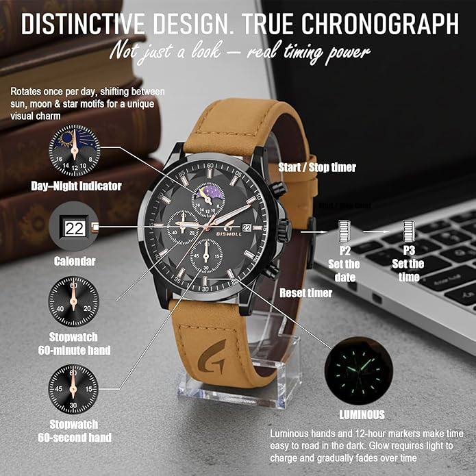 Distinctive Mens Analog Chronograph Watches with Auto Date & Multi Subdials, Fashion Casual Sport Quartz Wrist Watches with Luminous, 3ATM Waterproof, Valentines Day Gifts for Him, Boyfriend, Husband, Dad