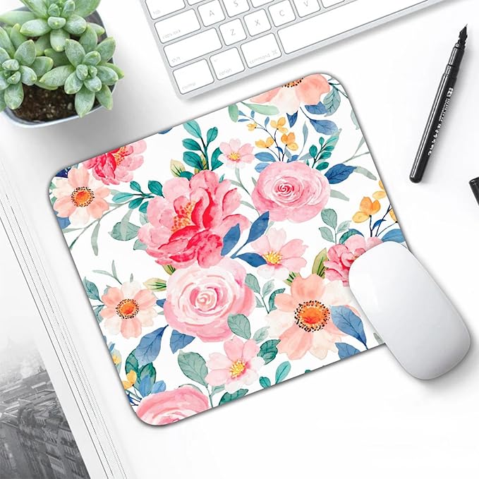 Watercolor Pink Flower Patterns Desk Mat, Large Gaming Mouse Pad Non-Slip Rubber Base with Stitched Edges, Waterproof Protection for PC Laptop Home Office Desk Decor (12.5x10.5in)