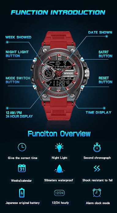 KXAITO Men's Watches Sports Outdoor Waterproof Military Watch Date Multi Function Tactics LED Alarm Stopwatch
